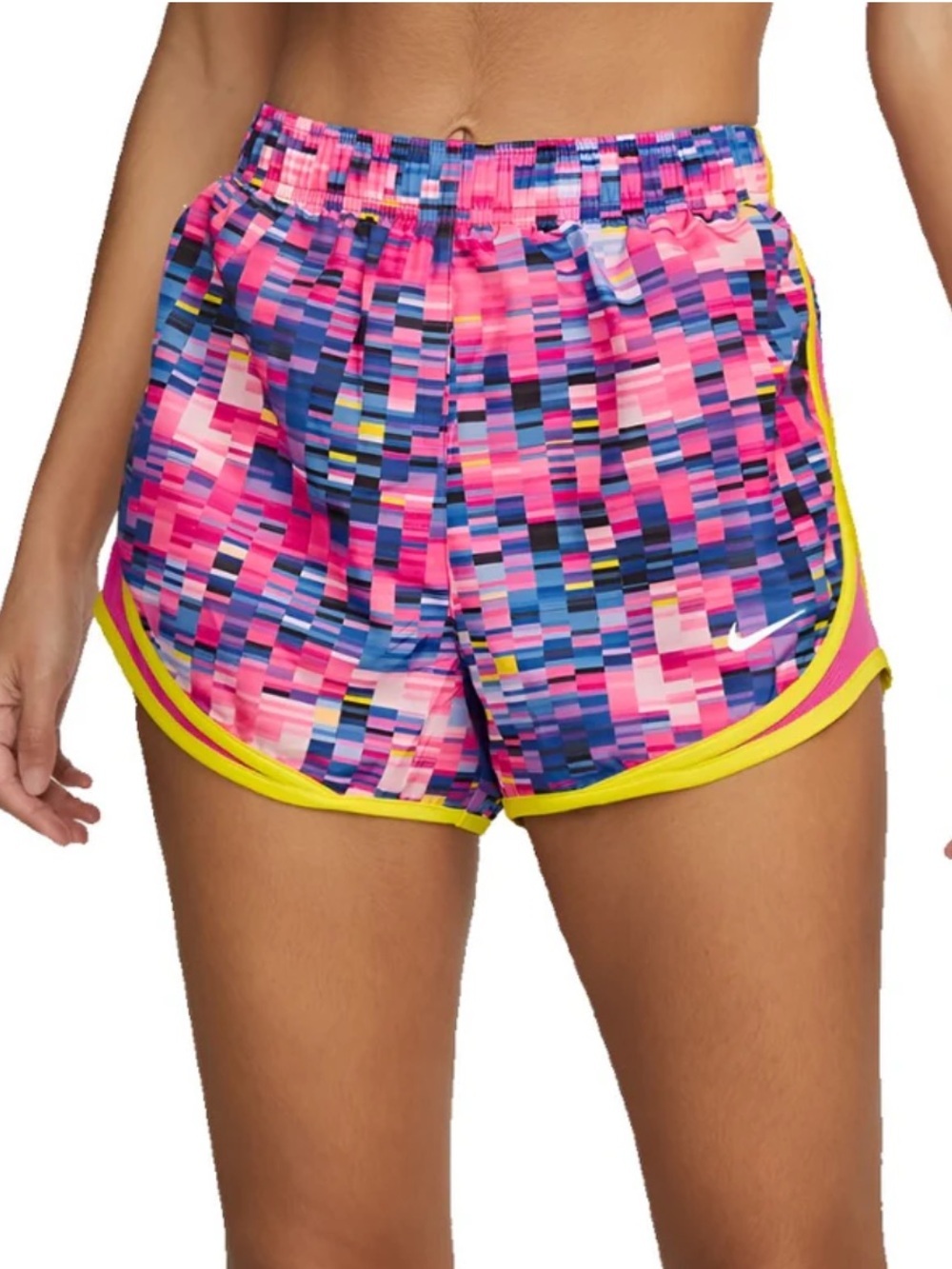 Nike Dri-Fit Pixel-Print Athletic Running Shorts, Pink with Yellow Piping
